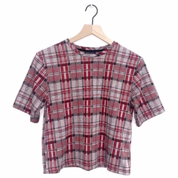 TopShop Plaid Checkered Crew Neck Top - Picture 1 of 4